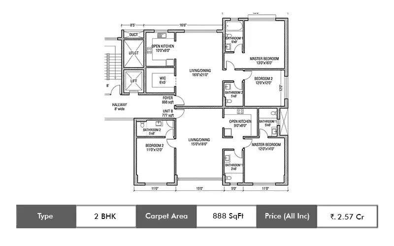 Shree Sai Vana Veda 2 BHK floor plan, 888 sq ft carpet area