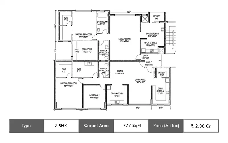 Shree Sai Vana Veda 2 BHK floor plan, 777 sq ft carpet area